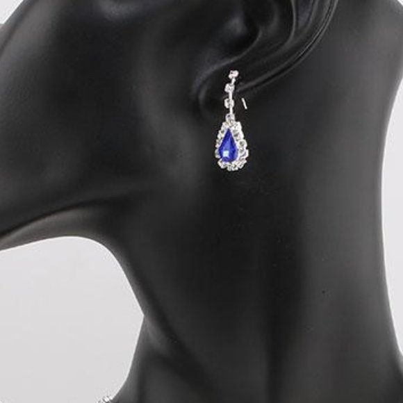 Royal Blue Teardrop Crystal Earrings And V Shape Pendant Bridal-Bridesmaid Set - Picture 5 of 9